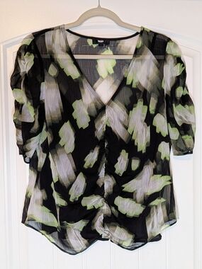 DKNY Abstract Printed Runched Front Short Sleeve V Neck Top